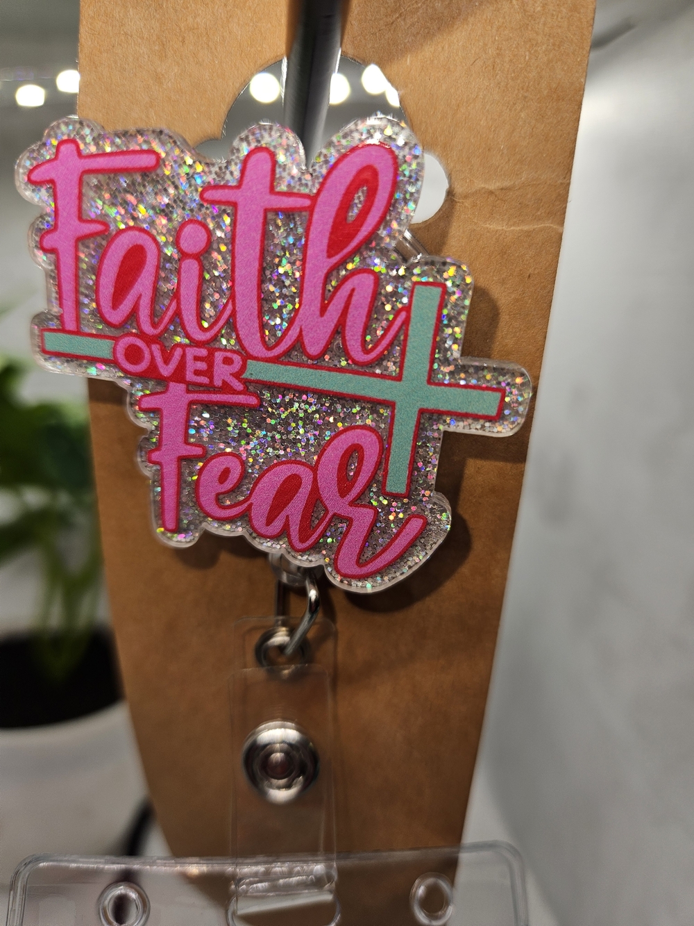 Faith Over Fear Glitter Badge Reel - Pink & Teal Key/Card Holder - Picture 1 of 2